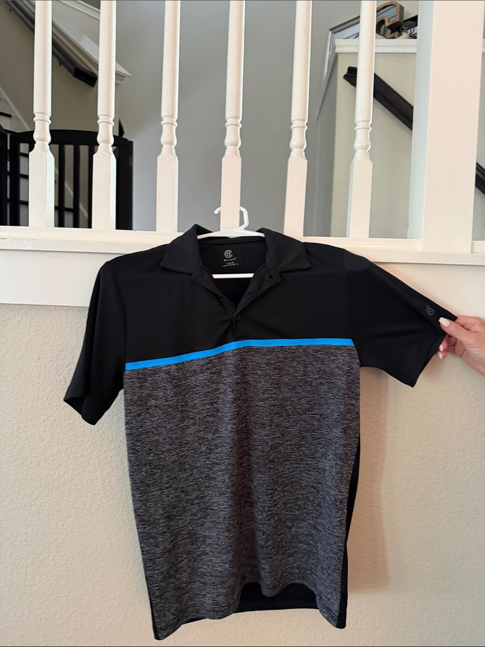 Champion Black & Heather Gray Polo with Blue Chest Stripe